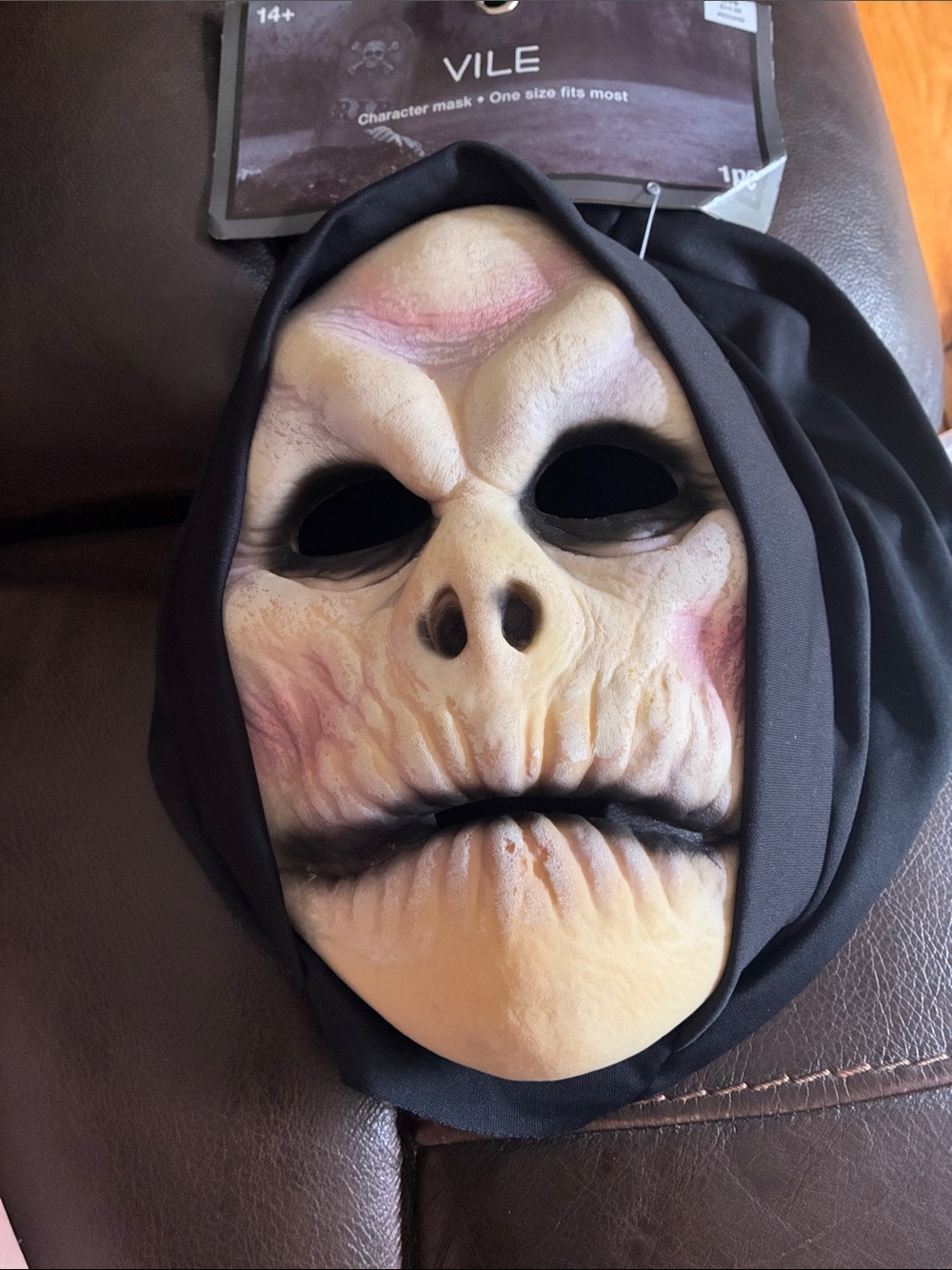 Vile adult foam Skull Face Mask Costume - Beige with Black Hood